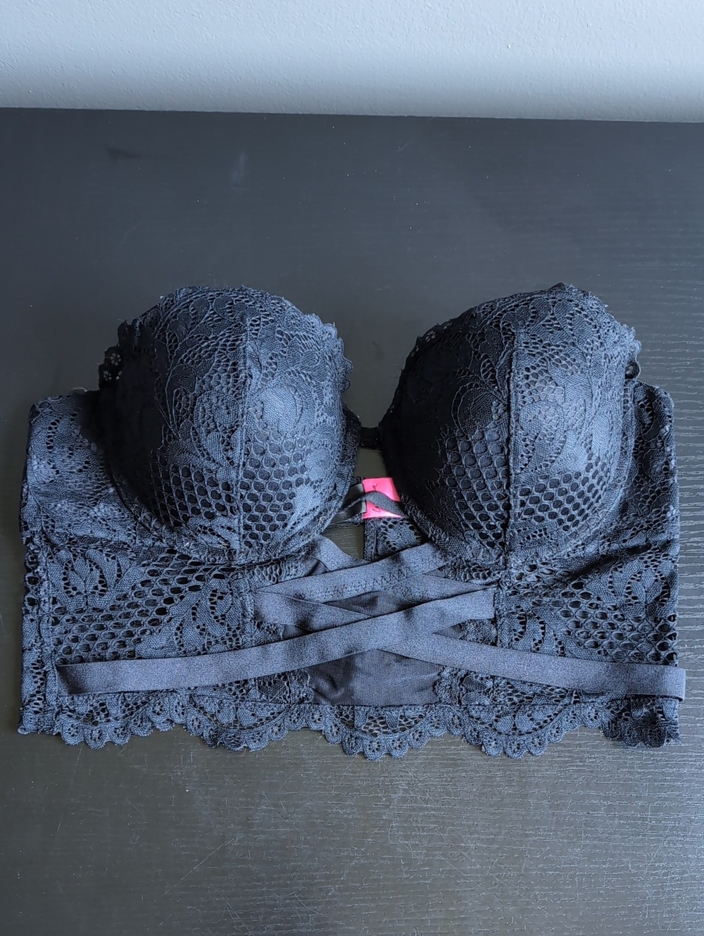 EUC La Senza Black Lace Longline Strapless Bustier Bandeau with Crisscross Front